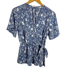 Sienna Sky Blue Floral Wrap Peplum Blouse with Side Tie